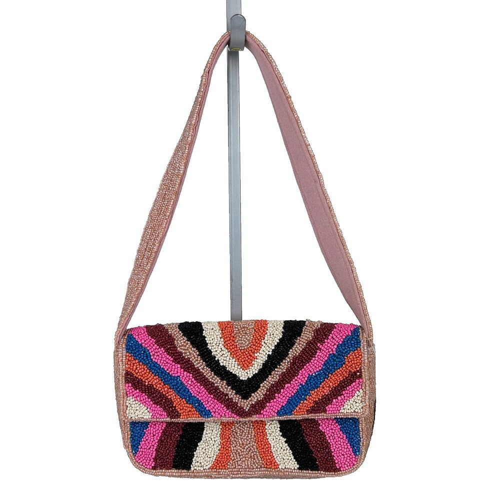 NWT America & Beyond Abstract Geo Print Beaded Shoulder Bag Pink Colorful Purse